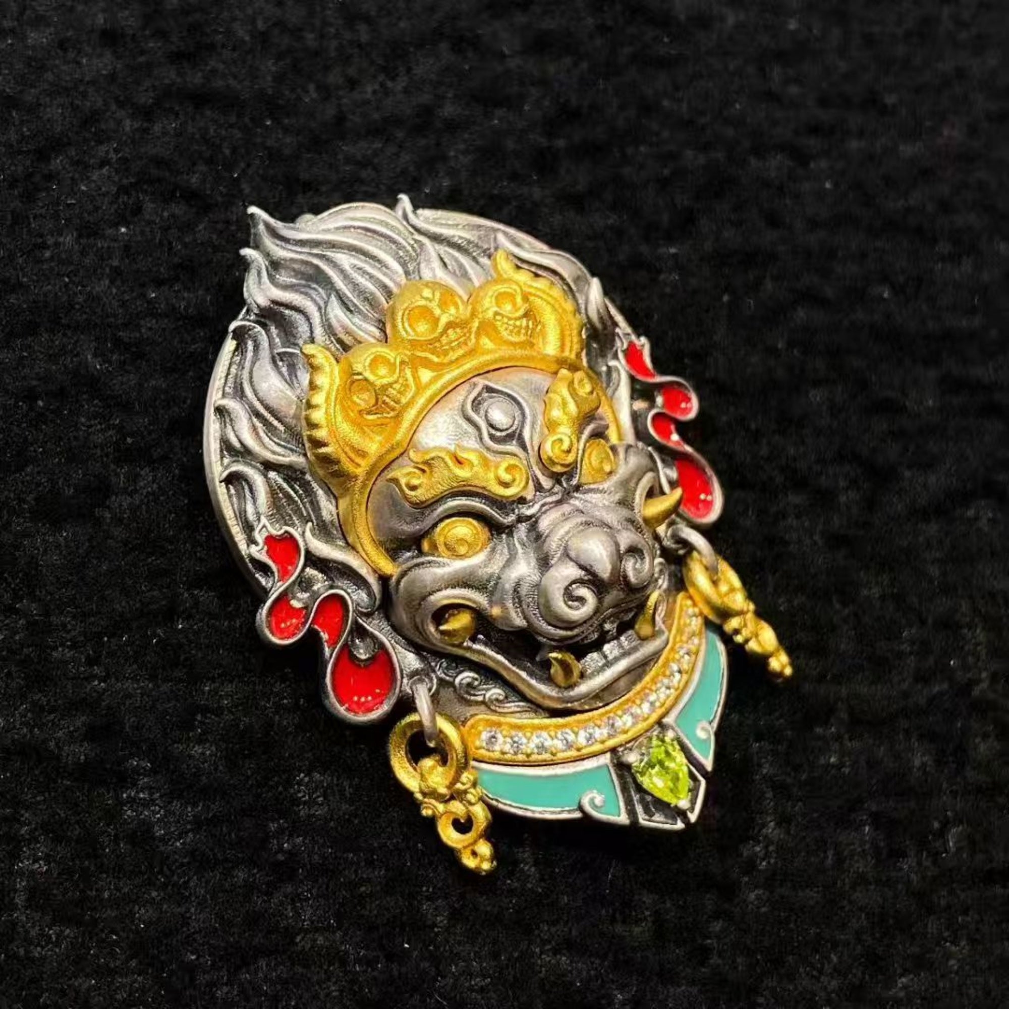 Tibetan Yamantaka (Vajrabhairava) Sterling Silver Crystal Enamel Amulet Pendant