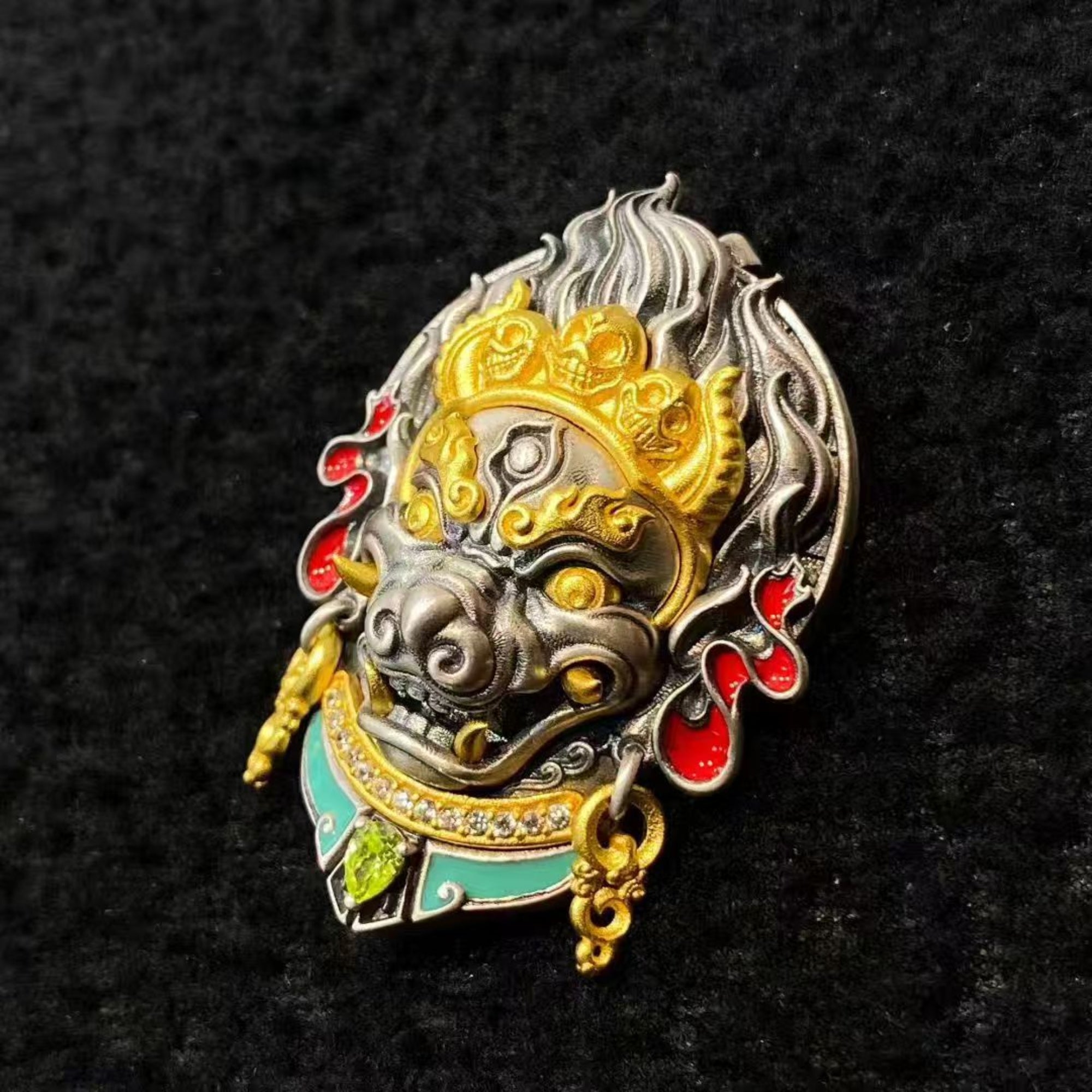Tibetan Yamantaka (Vajrabhairava) Sterling Silver Crystal Enamel Amulet Pendant