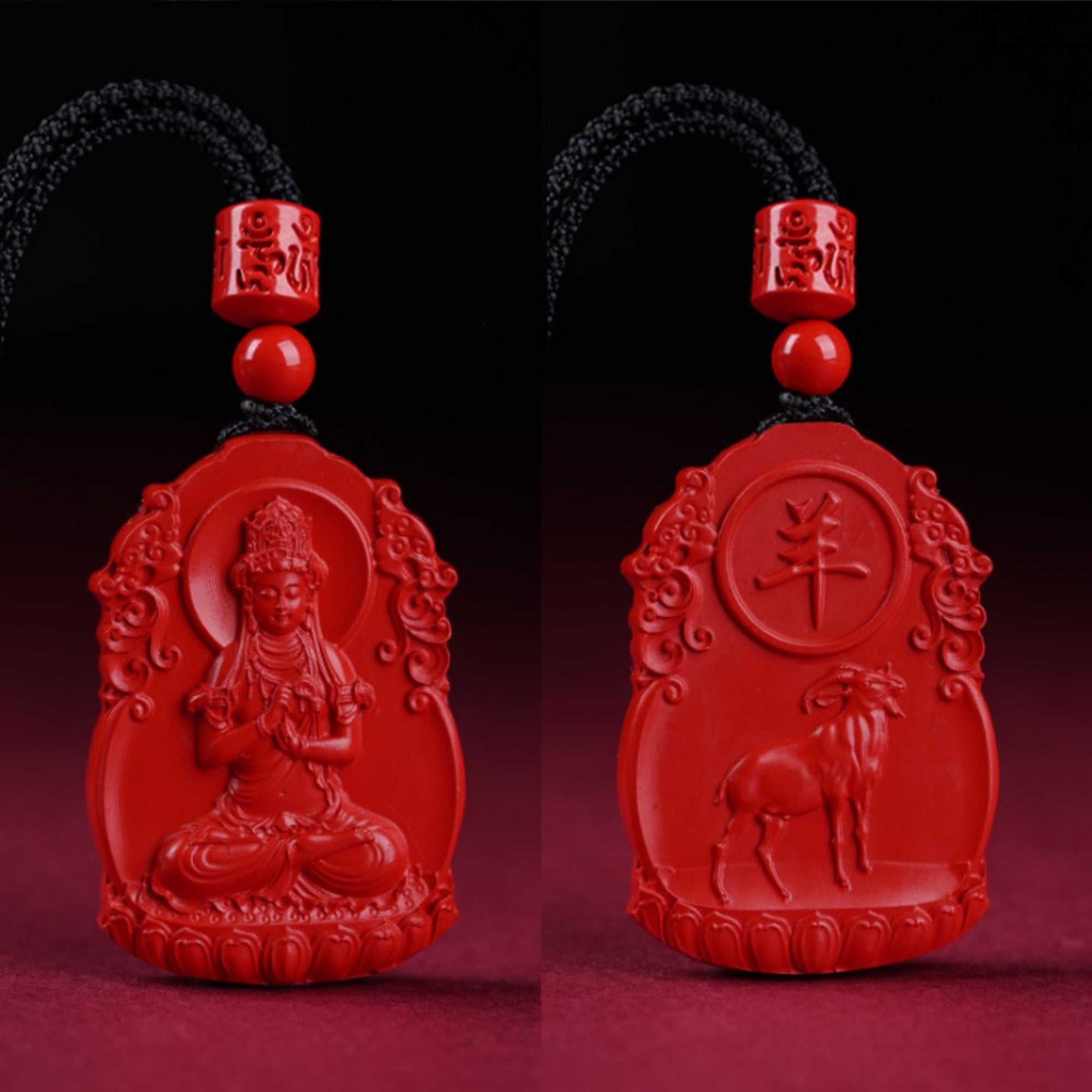QiLing Aura Hand-Carved Zodiac Buddha Pendant Necklace in Cinnabar