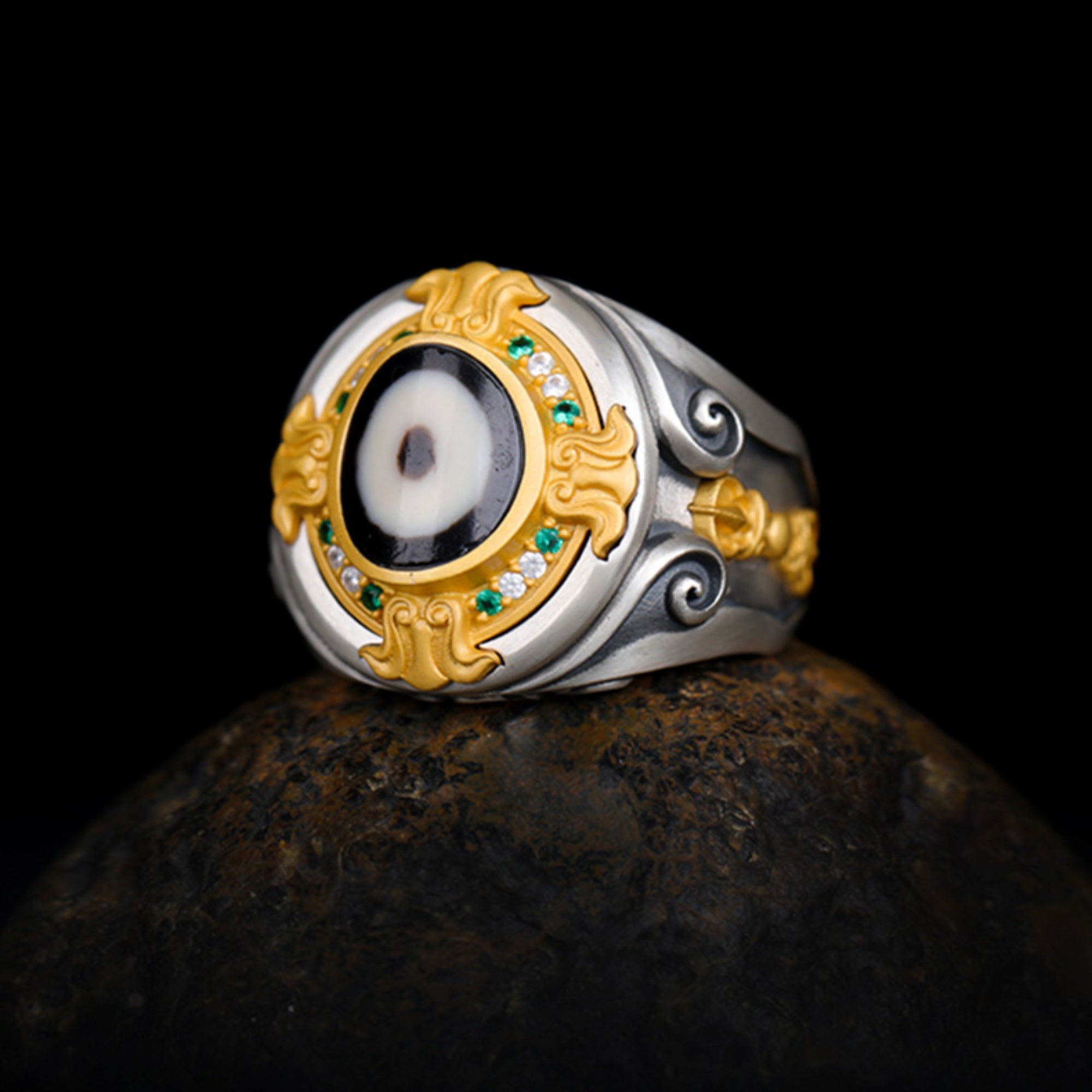 Vajra Dzi Bead & Crystal Sterling Silver Adjustable Ring