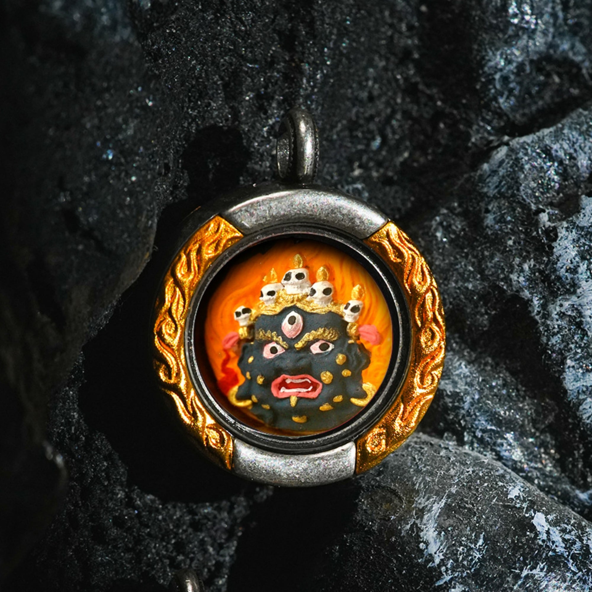 QiLing Aura Brass Flame Pattern Hand-Painted Zakiram Thangka Pendant Necklace