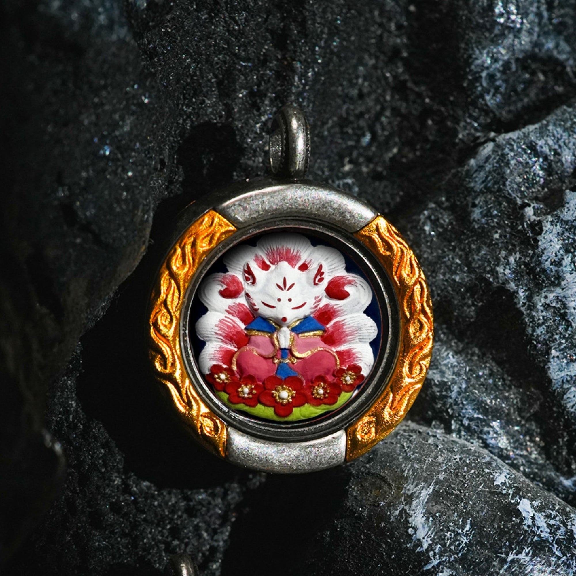 QiLing Aura Brass Flame Pattern Hand-Painted Zakiram Thangka Pendant Necklace