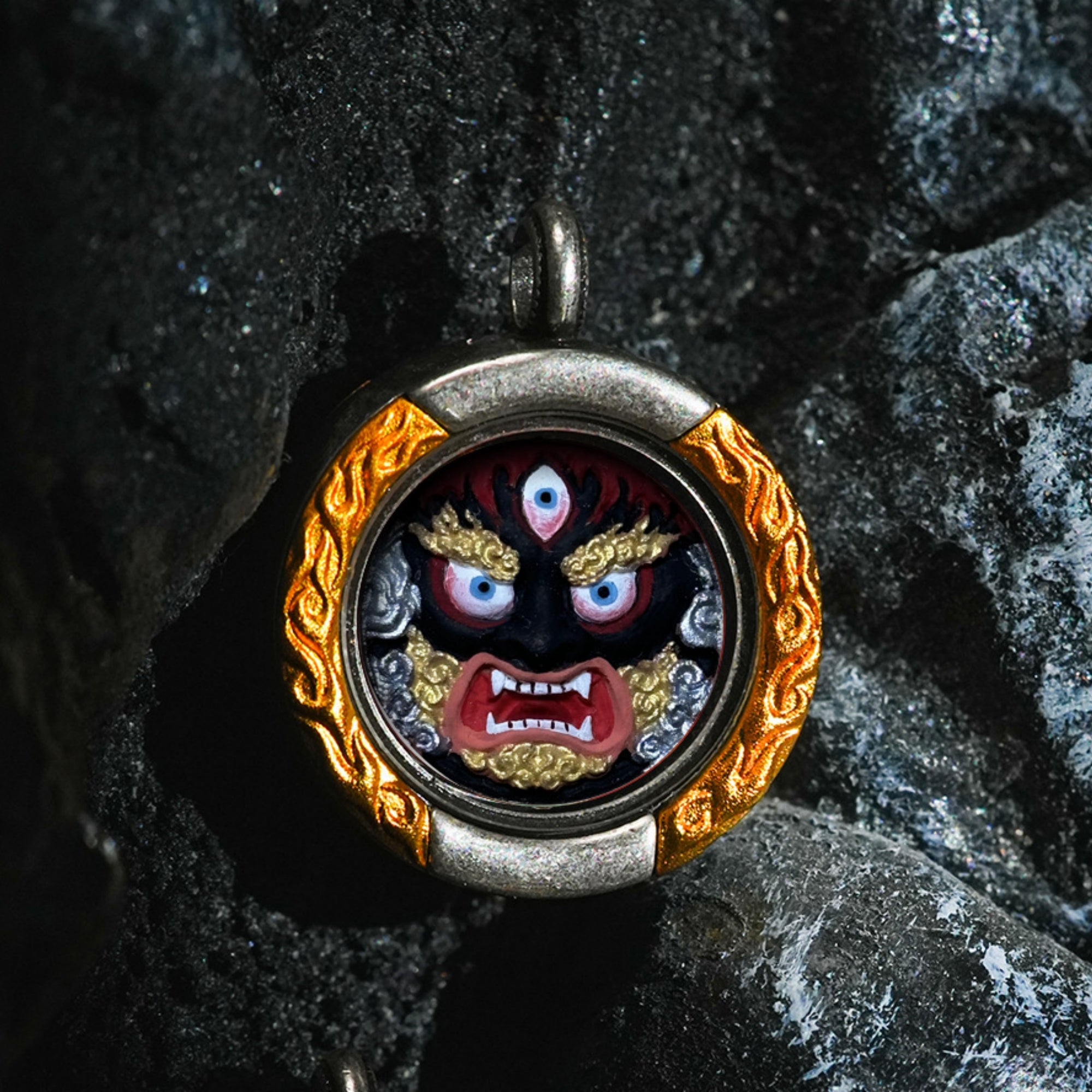 QiLing Aura Brass Flame Pattern Hand-Painted Zakiram Thangka Pendant Necklace