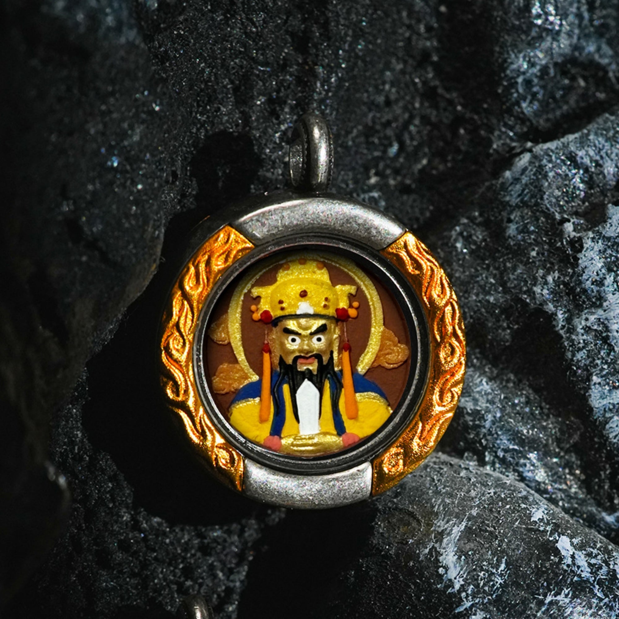 QiLing Aura Brass Flame Pattern Hand-Painted Zakiram Thangka Pendant Necklace